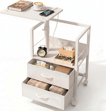 Faesun Swivel Lift Top Nightstand with Charging Station, Rolling Side Table for Recliner, Bedside Table with Wheels & 2 Fabric Drawers, for Small Spaces, for Bedroom, Living Room, White
