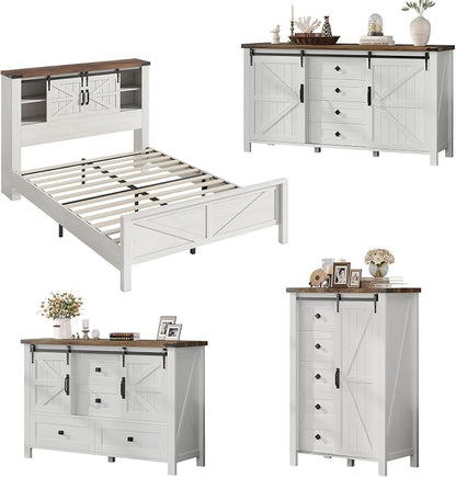 AMERLIFE 4-Piece Farmhouse Bedroom Set in Distressed White, Full Size Bed Frame with Bookcase Headboard, 5-Drawer Tall Dresser, 47'' Dresser with 4 Drawers, 60" Dresser with 4 Drawers