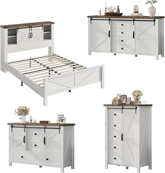 AMERLIFE 4-Piece Farmhouse Bedroom Set in Distressed White, Full Size Bed Frame with Bookcase Headboard, 5-Drawer Tall Dresser, 47'' Dresser with 4 Drawers, 60" Dresser with 4 Drawers