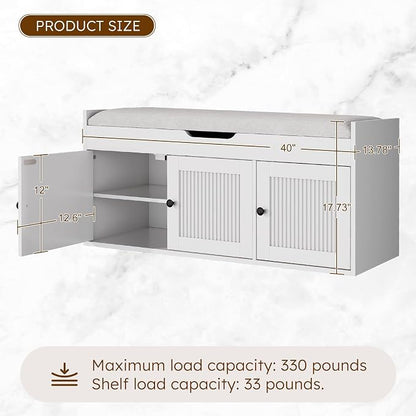 40" Storage Bench - Entryway Shoe Bench with 3 Doors and Top Storage Area, Multifunctional Entryway Bench with Lift Top Cushion, Shoe Storage Bench for Bedroom, Living Room, White