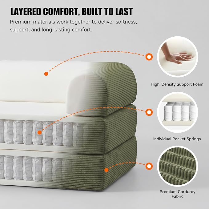 79" Convertible Sleeper Sofa Bed, Corduroy Boneless Fold-Out Couch in a Box, 4-in-1 Loveseat/Futon Couch, High-Density Foam, No Assembly, Side Pockets, 2 Pillows for Small Spaces, Green