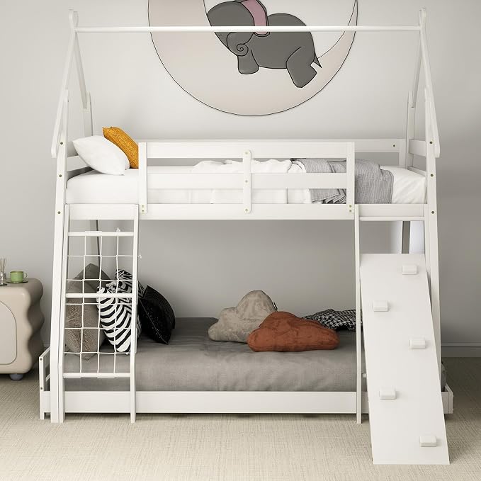 KOTEK Twin Over Queen Bunk Bed, House Bunk Beds with Climbing Nets and Ramp, No Box Spring Needed, Solid Wood Low Bunk Bed Frame for Kids Boys Girls (White)