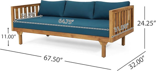 Merax Outdoor Acacia Wood Conversation Set, 3-Seat Loveseat Sofa w/Coushion and Round Coffee Table for Backyard, Patio Furniture, Teak+Teal
