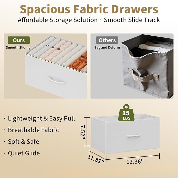 Dresser for Bedroom, Small Fabric Dressers for Kids Bedroom, 9 Drawers Dresser for Closet, Storage Organizer Chest of Drawers for Nursery, Dorm, Apartment, TV Stand, Wooden Top, Side Hooks (White)