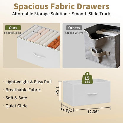 Dresser for Bedroom, Small Fabric Dressers for Kids Bedroom, 9 Drawers Dresser for Closet, Storage Organizer Chest of Drawers for Nursery, Dorm, Apartment, TV Stand, Wooden Top, Side Hooks (White)