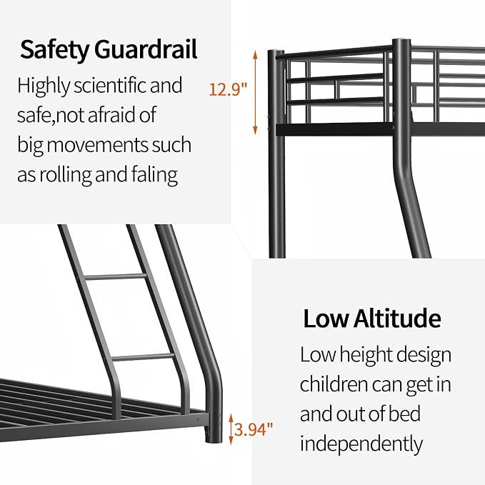 Metal Bunk Bed Twin Over Full Size with Removable Stairs, Heavy Duty Sturdy Frame with Full Length Safety Guardrail for Teen & Adults, Teens, No Box Spring Needed (Black)