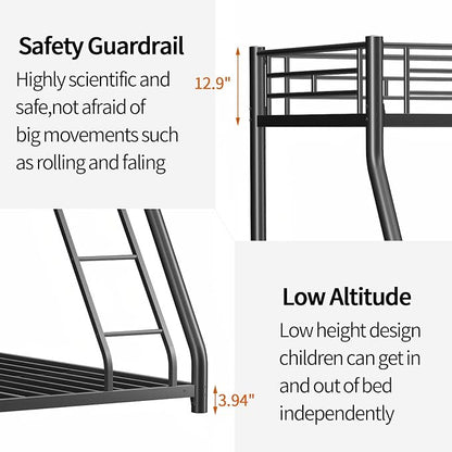 Metal Bunk Bed Twin Over Full Size with Removable Stairs, Heavy Duty Sturdy Frame with Full Length Safety Guardrail for Teen & Adults, Teens, No Box Spring Needed (Black)