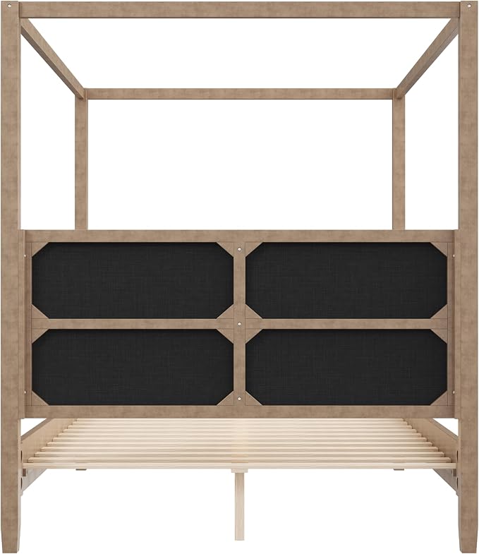 Merax King Size Canopy Bed with Upholstered Headboard, Wooden Platform Bed Frame with 4-Posters, Solid Wood Slat Support, No Box Spring Needed