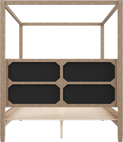 Merax King Size Canopy Bed with Upholstered Headboard, Wooden Platform Bed Frame with 4-Posters, Solid Wood Slat Support, No Box Spring Needed