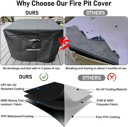 QH.HOME Fire Pit Cover Square Super Waterproof, 44" L x 44" W x 24" H Outdoor Firepit Table Cover 600D Strong Tear Resistant, UPF 50+ Fire Pit Cover Fading Resistant for Square Fire Pit - Black