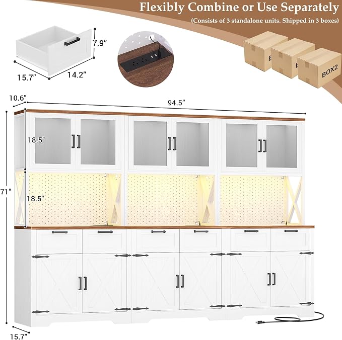 Unikito 94.5" Wide Kitchen Pantry Cabinet with 3 Power Outlets & LED Light, 71" Tall Large Kitchen Hutch with Countertop, DIY Pegboard with 18 Hooks & 6 Drawers, Farmhouse Food Pantry, Rustic White