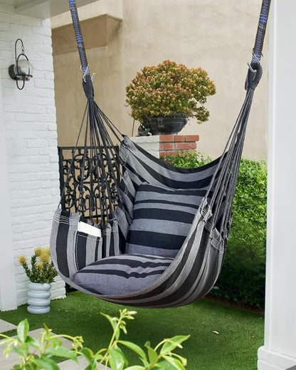 Halalona Hammock Chair Hanging Hammock Chair Rope Swing 2 Cushions Included-Sturdy & Durable Soft Cotton Hand Woven Hammock Swing for Bedroom, Porch, Patio-Indoor/Outdoor