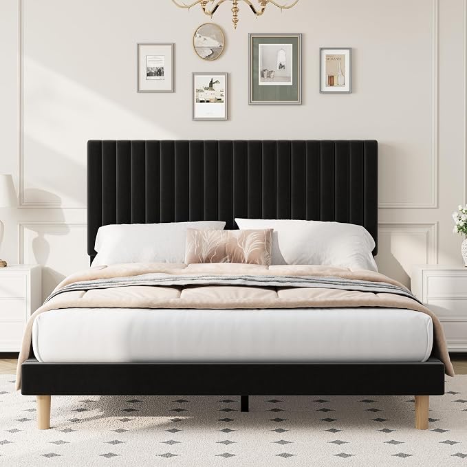 IDEALHOUSE King Bed Frame with Adjustable Headboard, Velvet Upholstered Platform King Size Bed Frame, Vertical Channel Tufted, Strong Wooden Slats, No Box Spring Needed, Easy Assembly, Black
