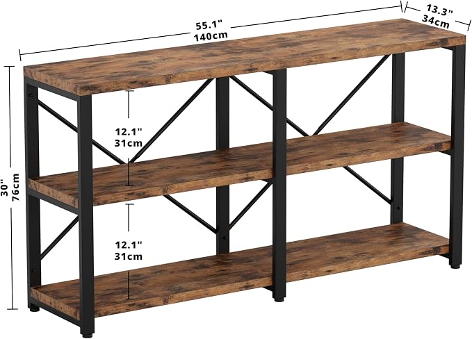 IRONCK Rustic Entryway Console Table, Long Hallway Table 55 in 3-Tier, TV Stand Entertainment Center Media Stand for Living Room, Industrial Style, Vintage Brown | Rustic