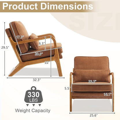 Karl home Mid-Century Modern Accent Reading Chair, Brown | Corduroy Upholstered, Solid Wood Frame, Soft Cushion, Lumbar Pillow, Lounge Armchair for Living Room, Bedroom, Balcony, Study