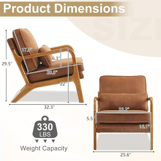 Karl home Mid-Century Modern Accent Reading Chair, Brown | Corduroy Upholstered, Solid Wood Frame, Soft Cushion, Lumbar Pillow, Lounge Armchair for Living Room, Bedroom, Balcony, Study