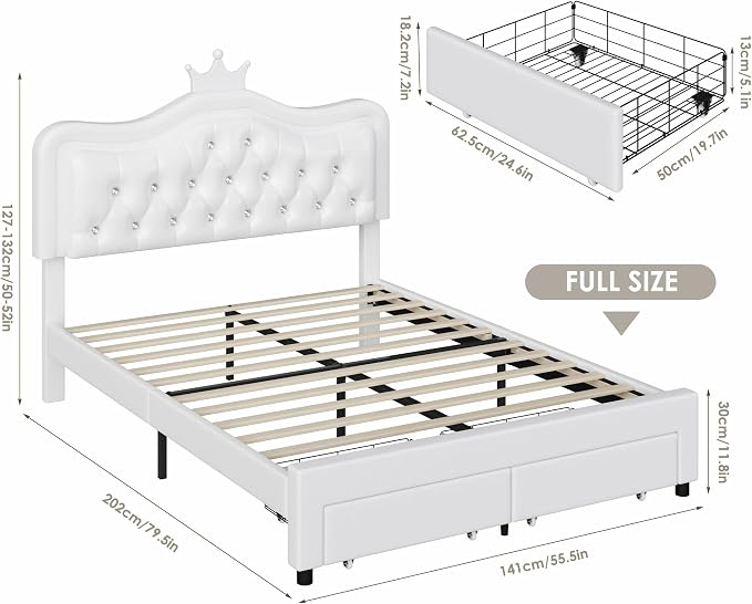 Keyluv Full Upholstered LED Bed Frame with Storage Drawer, Leather Princess Platform Bed with Adjustable Crystal Button Tufted Crown Headboard, Solid Wooden Slats Support, No Box Spring Needed, White