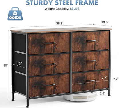DUMOS 6 Drawer Dresser for Bedroom, Wide Storage Chest of Drawers Cabinet | Fabric Storage Organizer with Wooden Top, TV Stand for 43-50 Inch TV in Closet, Living Room, Rustic Brown