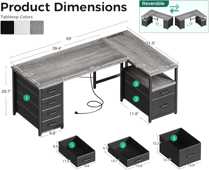 Coleshome L Shaped Computer Desk with 6 Drawers & Power Outlet, 55 Inch Corner Desk with Reversible Storage Shelf & File Drawer, Home Office Desk, Grey Oak