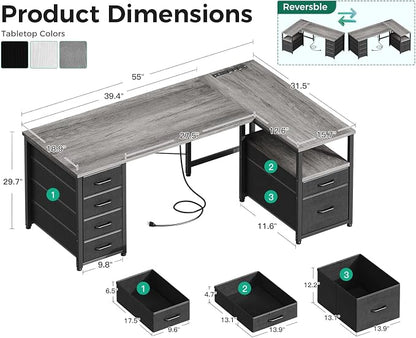 Coleshome L Shaped Computer Desk with 6 Drawers & Power Outlet, 55 Inch Corner Desk with Reversible Storage Shelf & File Drawer, Home Office Desk, Grey Oak