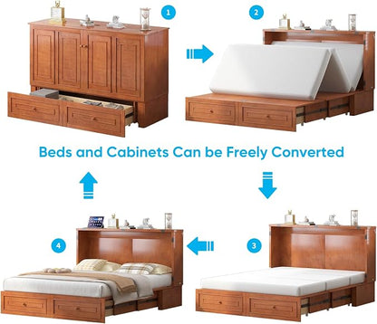 Mjkone 63.5" W Murphy Bed Cabinet Queen Size, Modern Cabinet Bed with USB Charging Station & Drawers, Murphy Beds for Living Room Apartment, Easily Convertible, Cherry