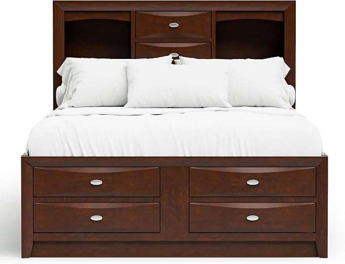 Furniture of America Darius Transitional Solid Wood 3-Piece King Platform Bedroom Set with Drawers, Bookcase Headboard and Knob Pulls, Mattress Ready, Dark Cherry