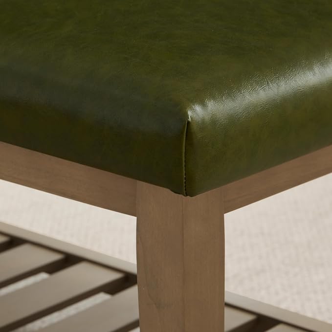 HUIMO Entryway Shoe Bench with Cushion, End of Bed Bench,Upholstered Bench for Kitchen, Bench with Solid Wood Shelf, Leather Ottoman Bench for Hallway, Living Room (PU-Green)