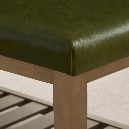 HUIMO Entryway Shoe Bench with Cushion, End of Bed Bench,Upholstered Bench for Kitchen, Bench with Solid Wood Shelf, Leather Ottoman Bench for Hallway, Living Room (PU-Green)