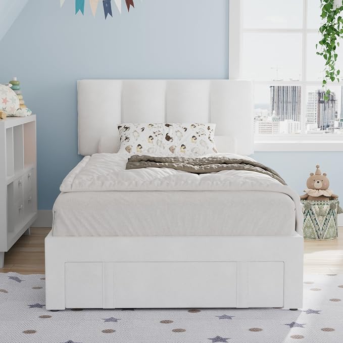 VECELO Twin Bed Frame with Storage Drawer, Heavy-Duty Platform Bedframe with Headboard & Strong Wooden Slats Support, No Boxing Spring Needed, Pure White