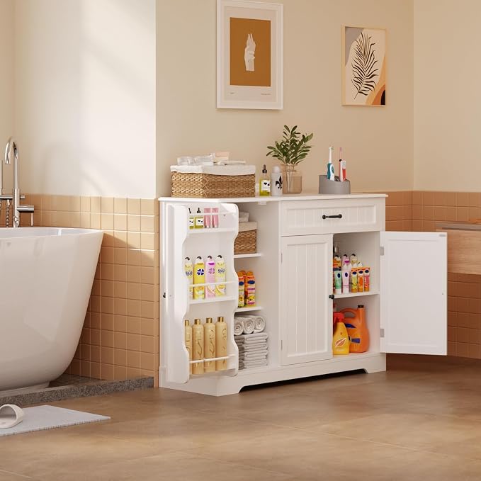 Gizoon Kitchen Coffee Bar Cabinet with Storage Kitchen Sideboard Buffet Cabinet with Drawers, Short Pantry with Door and Shelves for Bathroom and Living Room, White, Painted