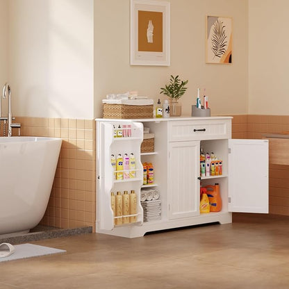 Gizoon Kitchen Coffee Bar Cabinet with Storage Kitchen Sideboard Buffet Cabinet with Drawers, Short Pantry with Door and Shelves for Bathroom and Living Room, White, Painted