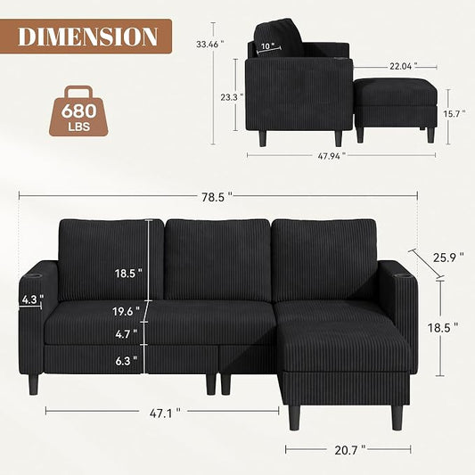 Luxanimarion Upholstered Sectional Sofa and Couches, 78'' L Shaped 3-seat Sofa forLiving Room, Apartment,Lounge,Bedroom-Washable Covers Convertible Sofas(Corduroy Fabric,Black)