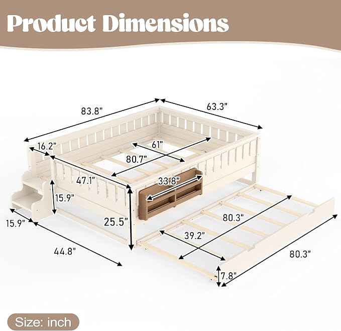 Bellemave Queen Size Kids Bed with high Rails and with Built-in Bookshelf and Trundle for Kids, Girls, Boys, Wood Montessori Bed Without Door, Beige