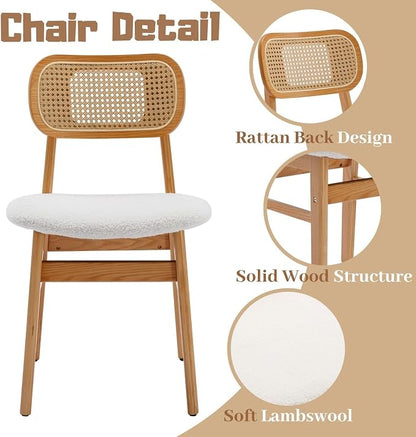 ROCITY Rattan Dining Chairs Set of 6 White Lambswool Dining Room Chairs Natural Wooden Kitchen Chairs Farmhouse