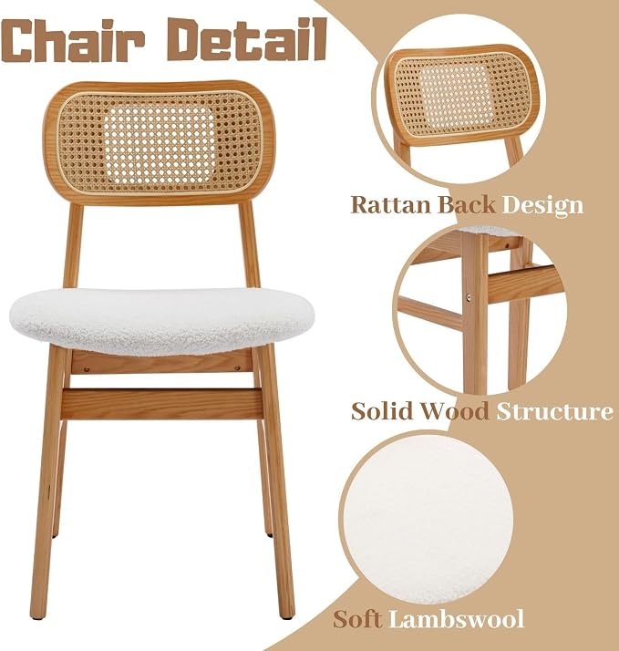 ROCITY Rattan Dining Chairs Set of 4 White Lambswool Dining Room Chairs Natural Wooden Kitchen Chairs Farmhouse
