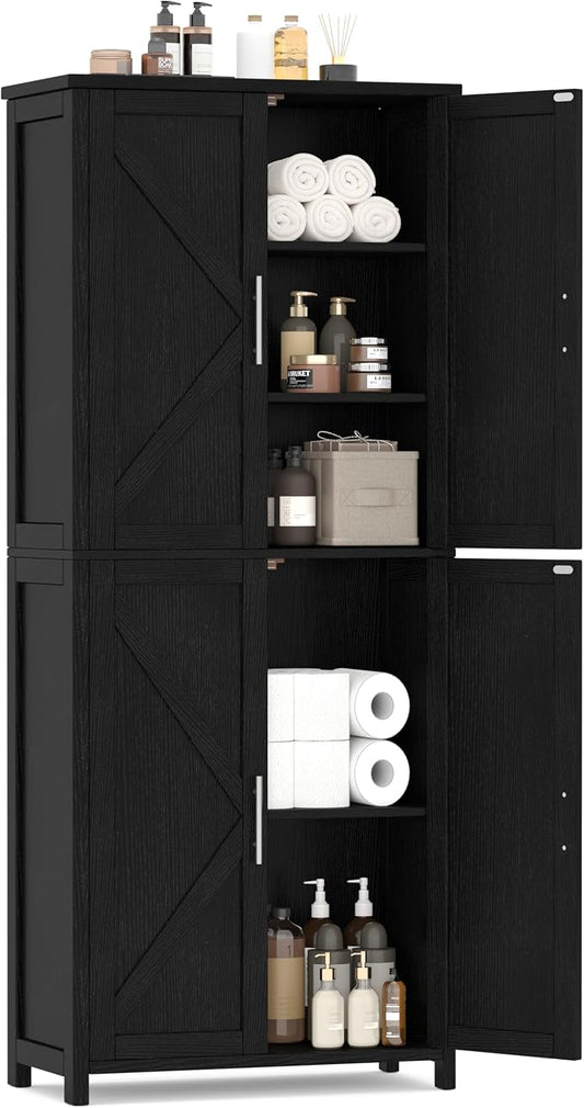 Akxomel Tall Bathroom Storage Cabinet, 11 x 22.8 x 63 Inches, Floor Cabinet with Barn Doors, Adjustable Shelf, Linen Pantry Cabinet for Kitchen, Laundry Room, Living Room, Entryway, Black