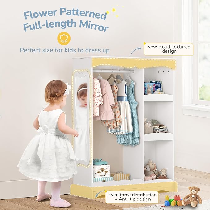 Curipeer Kids Dress Up Storage with Cloud Base & Flower Mirror, Open Hanging Closet Wardrobe for Children, Kids Armoire & Costume Organizer for Bedroom Playroom Preschools Classroom, White