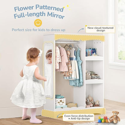 Curipeer Kids Dress Up Storage with Cloud Base & Flower Mirror, Open Hanging Closet Wardrobe for Children, Kids Armoire & Costume Organizer for Bedroom Playroom Preschools Classroom, White
