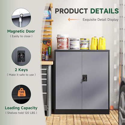 Letaya Metal Storage Cabinets with Lock Door,2 Adjustable Shelves Organizer Steel Storage Cabinets for Home,Office,Warehouse,Garage,Employee Lockers(Black Gray)