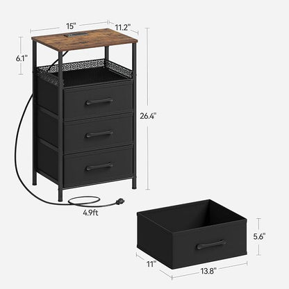 JARHETUN Nightstand Set of 2, Night Stands with Charging Station, 26.4 Inch Tall Bedside Table with Metal Shelf, Modern Side End Table with 3 Fabirc Drawers, Small Dresser for Bedroom, Rustic Brown