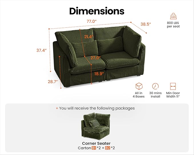 77" Oversized Corduroy Couch Modular Sectional Sofa, Washable Cloud Couch Sectional, 2 Seater Sectional Couches for Living Room, Fully Cover Removable, Loveseat Sofa, Corduroy, Green