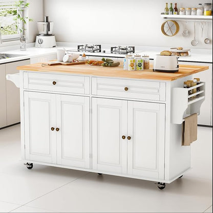 JassmiPkwy 67’’ Movable Kitchen Island with Drop Leaf and Power Outlet, Lockable Sliding Countertop Rolling Island Cart with 2 Large Drawers, Spice, Towel Rack,White