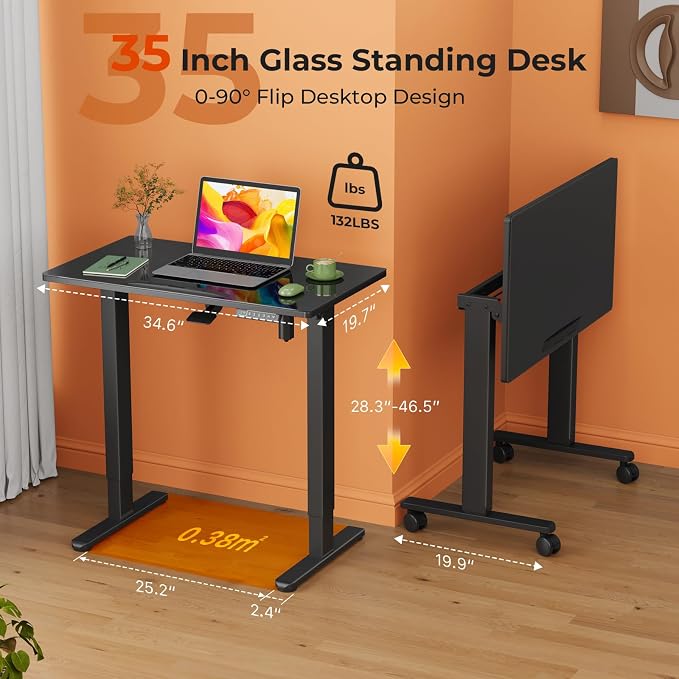 35" Black Glass Standing Desk, 90° Tilt Drafting Table on Wheels | Electric Height Adjustable Foldable One-piece Art Rising Desk, Small Mobile Sit Stand Laptop Cart with 4 Lockable Casters