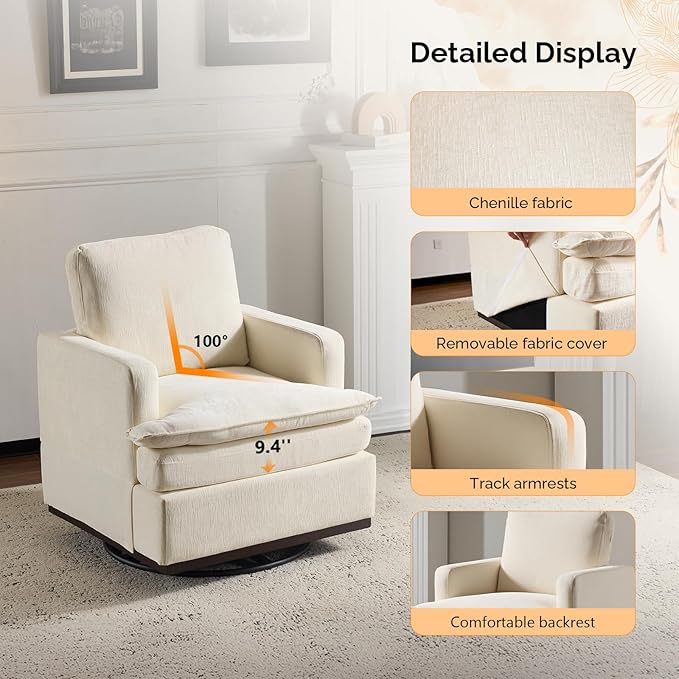 VINGLI Mid-Century Modern Single Swivel Armchair, 360° Swivel Accent Chair, Double-Layer Seat Cushions, Upholstered Square Club Chair for Living Room, Bedroom, Reading Room,Chenille Beige