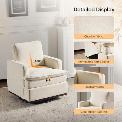 VINGLI Mid-Century Modern Single Swivel Armchair, 360° Swivel Accent Chair, Double-Layer Seat Cushions, Upholstered Square Club Chair for Living Room, Bedroom, Reading Room,Chenille Beige