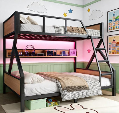 Bellemave Bunk Bed Full XL Over Queen with LED, Heavy Duty Metal Bunk BedFrame with Storage Shelves and Lights, Woodgrain+Black