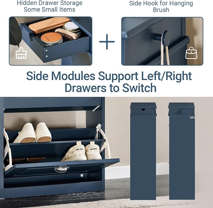 Haotian Slim Shoe Cabinet, Shoe Rack with Doors, Shoe Storage Cupboard Organizer Unit for Entryway 2 Flip-Drawers, Hallway and Bedroom Navy FSR78-B