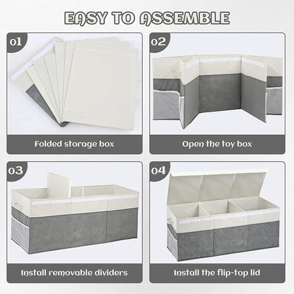 FIIOEOY Extra Large Toy Box with Lids, Collapsible Toy Storage Organizer with Divider for Kids, Sturdy Toy Chest for Bedroom, Nursery, Living Room, Playroom, 40"x14"x16", Gray & White