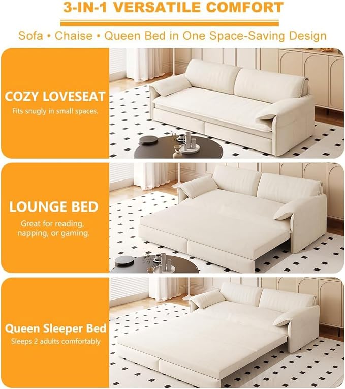 66" Sofa Bed Queen Size, Pull Out Couch Bed, 3-in-1 Convertible Sleeper Sofa with Side Pocket, Modern Velvet Futon Couch for Living Room, Small Space, Apartment, Bedroom, Beige