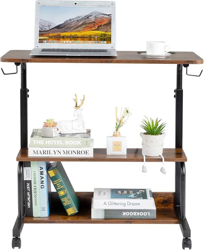 Mobile Laptop Desk with Power Outlets, Height Adjustable TV Tray Table with Storage Shelf, Rolling Computer Table with USB Ports (Vintage Brown)